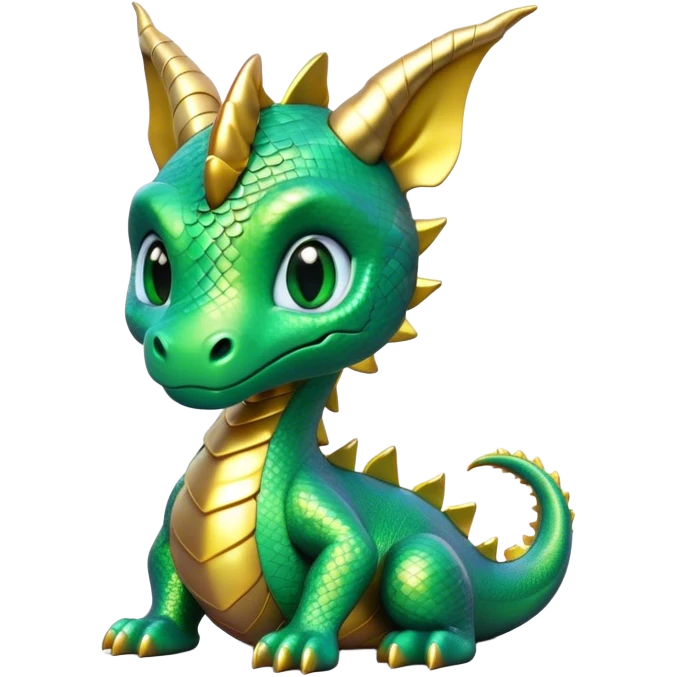 Cinematic Cute Dragon Portrait Emoji, Head tilted playfully and inquisitively, featuring a sleek, serpentine form adorned with iridescent scales that shift between emerald and gold, a delicate set of subtle horns, and round, sparkling eyes full of curious magic; rendered with realistic detail and warm natural light, high shine, affectionate and enchanting, styled with a touch of whimsical fantasy, soft glowing outline, capturing the essence of a mischievous yet lovable dragon that seems poised to slither playfully into your arms! emoji