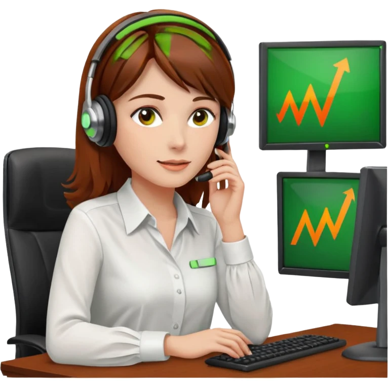 a woman, brown hair, middle european, sitting in the office in front of a computer, wearing a blouse and a headset. she is controling the limits on screen. green = ok, orange = am Limit, rot = überschritten emoji