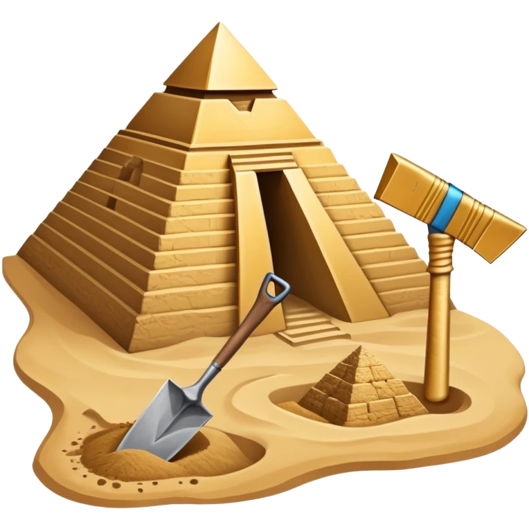 An icon showing archaeological tools like a trowel, brush, and pickaxe placed on sandy ground, with an Egyptian pyramid in the background. The design symbolizes excavation and discovery of ancient history, blending tools and iconic landmarks. Transparent background. emoji
