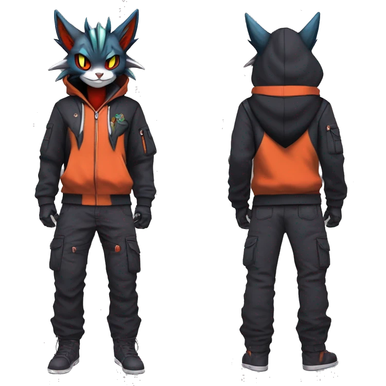 Cool Anthro Noivern-Litten-Vampiric-Pokémon with edgy stripes hoodie spiked collar punk techwear Cargo Pants Full Body emoji