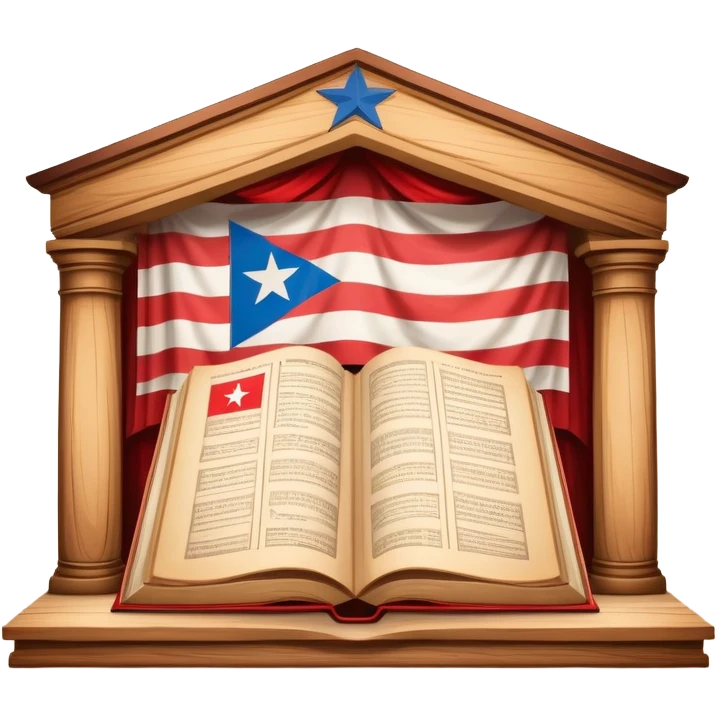 Timeless open book with visible pages of hand-drawn theater backdrop sketches, stage layouts and set designs, Puerto Rican flag motifs integrated throughout, wooden cover with theater symbols, warm light emoji
