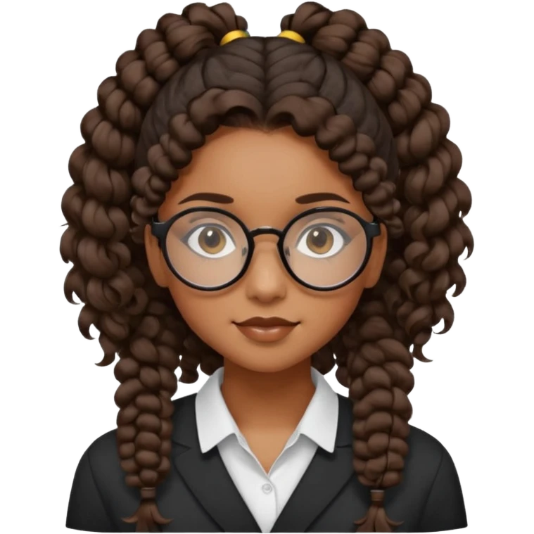 chica morena de ojos claros con gafas negras exagonales redondeadas. y pelo rizado castaño con todo el pelo recogido en una coleta .. Con todo el pelo recogido un clen look solamente una coleta tiene 16 años emoji