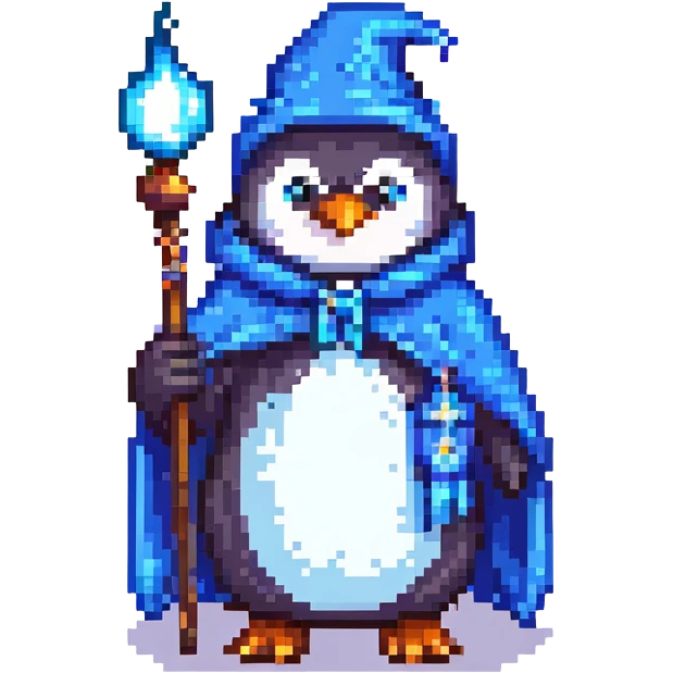 pixel art penguin wizard holding a wand, blue cloak, magical effects emoji