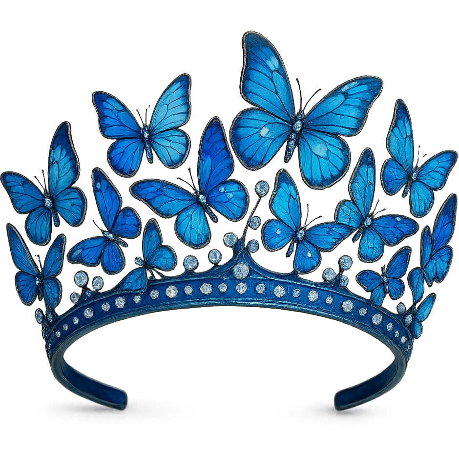 butterfly crown with a blue base, butterflies in various blue enamel shades, sparkling gems emoji