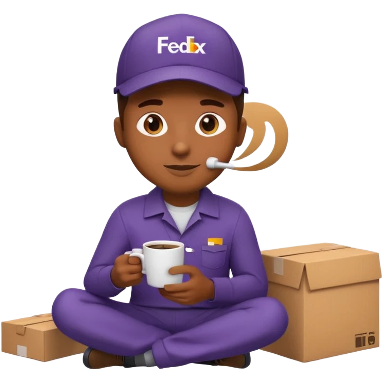 emoji of FedEx delivery man is sipping coffee while sitting on the boxes emoji