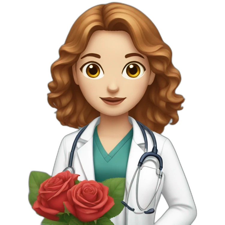 White doctor girl, chestnut hair, hazel eyes, with a bouquet of roses emoji