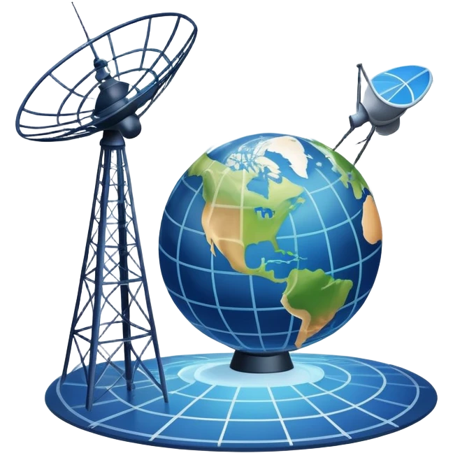 An icon featuring a satellite dish, cell tower with signal waves, and an earth, connected by lines, symbolizing telecommunications. The design includes data signals, network nodes, and a mobile device, representing global digital communication. Transparent background emoji