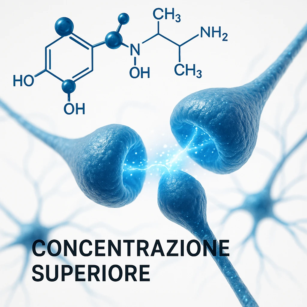 Citicolina che stimola la concentrazione, iper realistico, molecola blu che attraversa sinapsi luminose, scritta 'Concentrazione superiore', atmosfera scientifica, sfondo bianco emoji