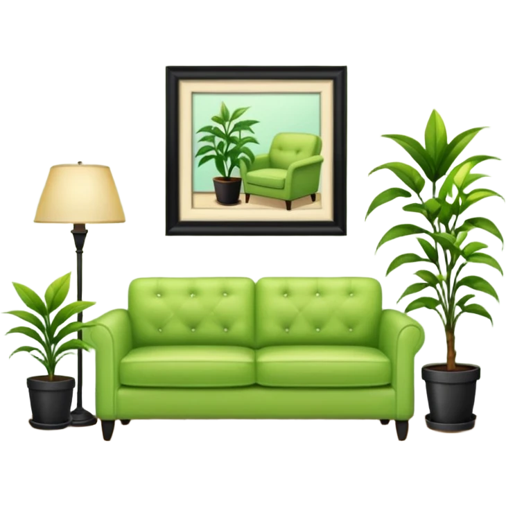 living room in ios emoji style

no TV, and make the couch a light green color

there is a lamp on one side and one plant on the other side emoji