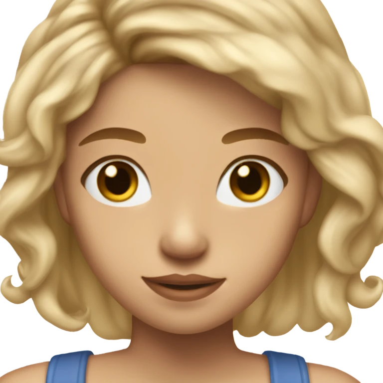 teenage girl wearing a blue square neck top. she has light tan skin, dirty blonde hair whit highlights, and two ear piercings. One’s a stud and one’s a big hoop emoji