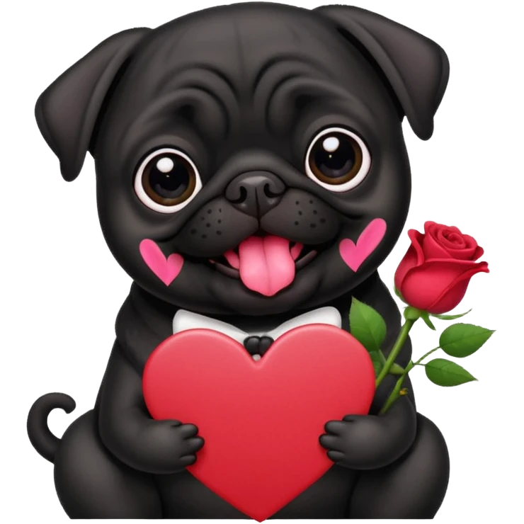 black pug holding valentine’s day card and flowers emoji