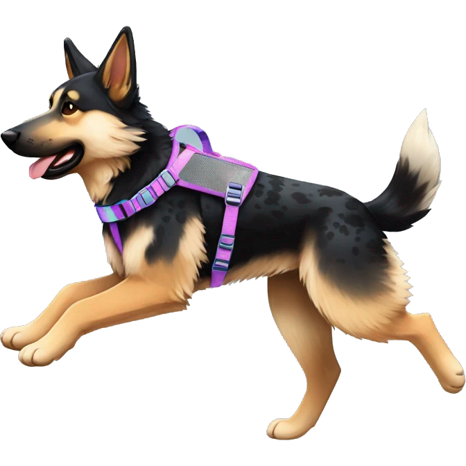  Black spotted brindle German shepherd husky fluffy ears and holographic harness running emoji