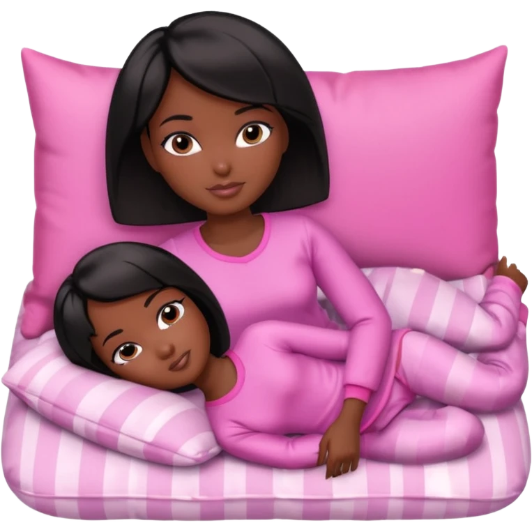 Dark skin Black barbie, short  black bob  hair, pink pajamas laying on pillow just me  emoji