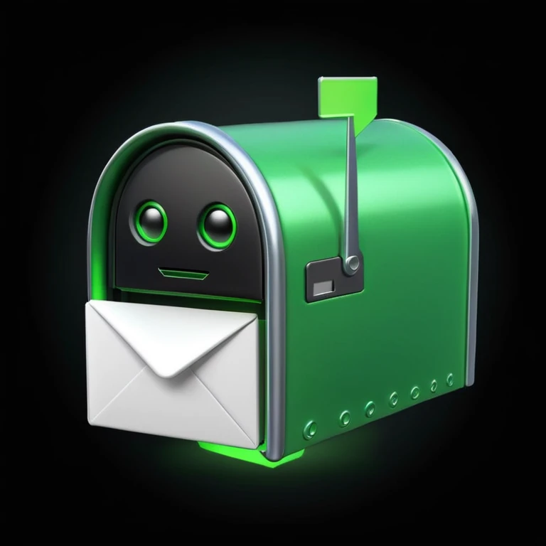 green mailbox robot, slightly smaller object in the center, black background, glowing green details, white envelope with code inside, modern tech aesthetic

 emoji