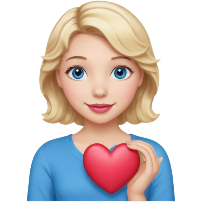 Girl Blonde short wavy hair,  blue eyes, cute blue top, long lashes, pink lips, smiling, holding a big heart emoji