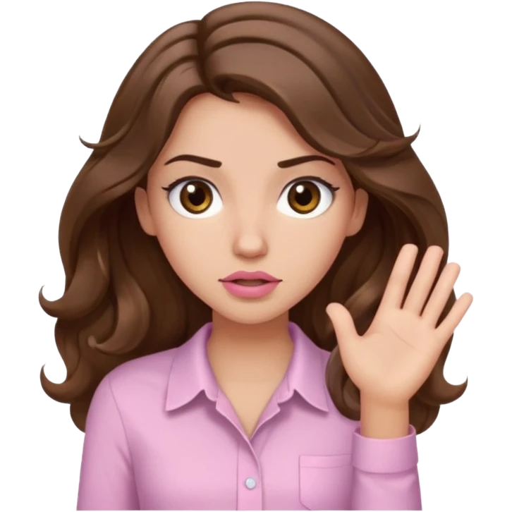 girl with wavy long brown hair, brown eyes, light to medium complexion, long lashes, light pink lipstick, wearing light pink shirt, shrugging emoji