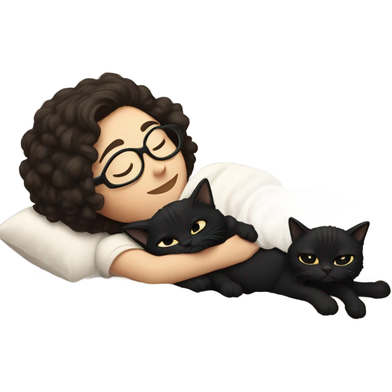 Pale white young woman with short dark curly hair with glasses cuddling, sleeping in bed with black cat emoji