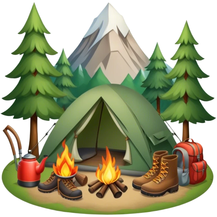 Icon for Hiking: a pair of hiking boots, a backpack, a walking stick, a tent, and a kettle over a campfire, surrounded by trees and a mountain trail. The icon should capture the adventure and warmth of camping. Transparent background. emoji