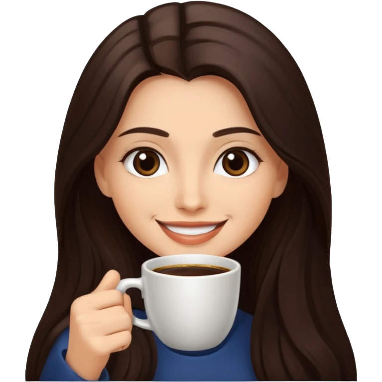 Straight Dark Brown long haired sexy woman smiling with dark brown eyes with cup of coffee emoji