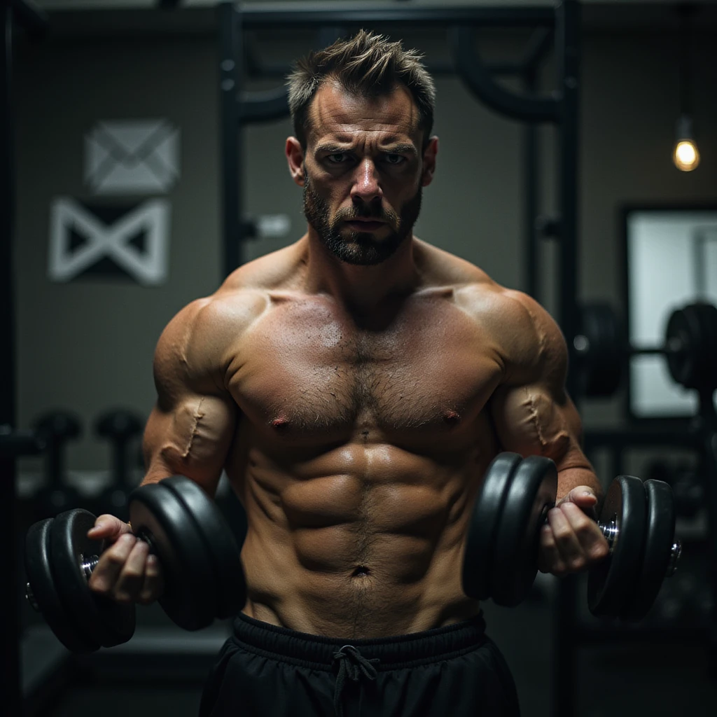 realistic, dramatic lighting; muscular man in gym, lifting dumbbells, tense and tired face, sweat, eyes show emotional strain, background with faint stress symbols (emails, bills), gym equipment, expressive posture, surreal touch emoji