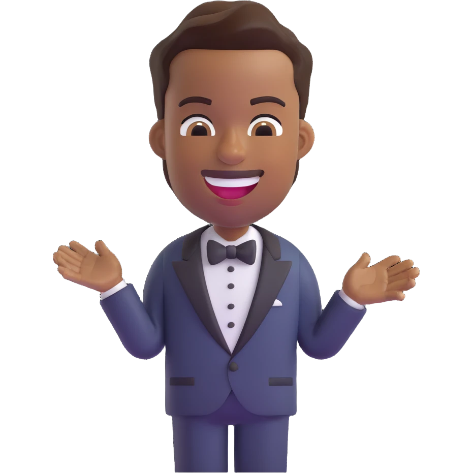 3D emoji of Chris Rock, laughing, short hair, brown skin, wearing a tuxedo, Microsoft 3D Fluent emojis style emoji