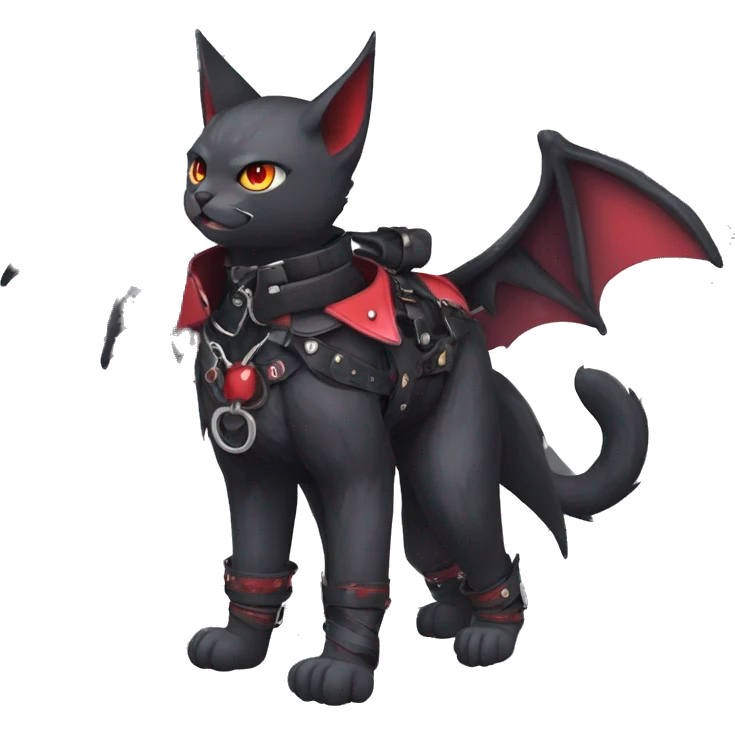 cool edgy kawaii black punk red fantasy nargacuga-bat-cat-Fakemon collar harness full body emoji