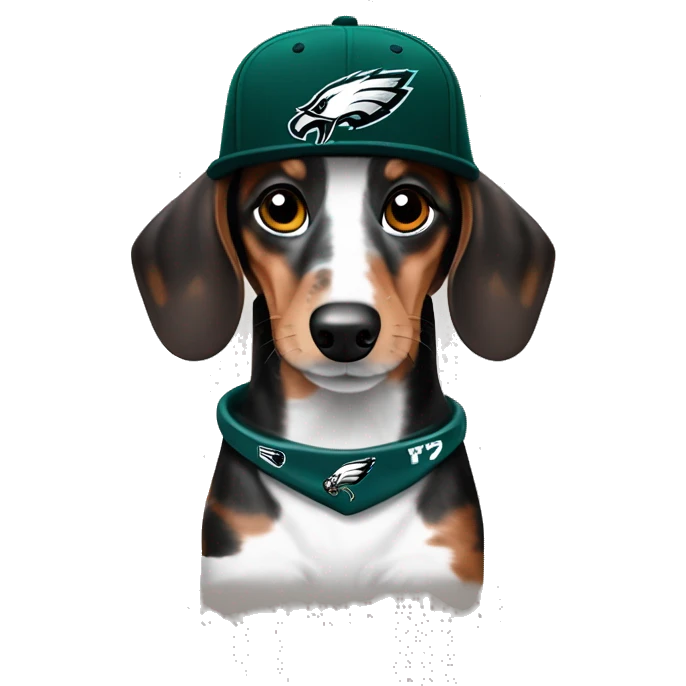 Miniature Merle Medium Light Tri Brown Spotted Dachshund wearing Philadelphia Eagles Hat with C on Jersey emoji