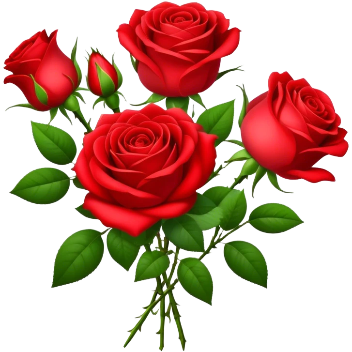 bouquet Bright Red Tea Rose, luxuriant, leaf, bud emoji