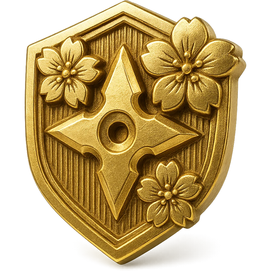 Japanese style badge in platinum color, traditional crest shape, sakura (cherry blossom) accents, chibi/anime-inspired playful vibe, ninja star accent, no text, sized for Twitch or Discord use, transparent background. emoji