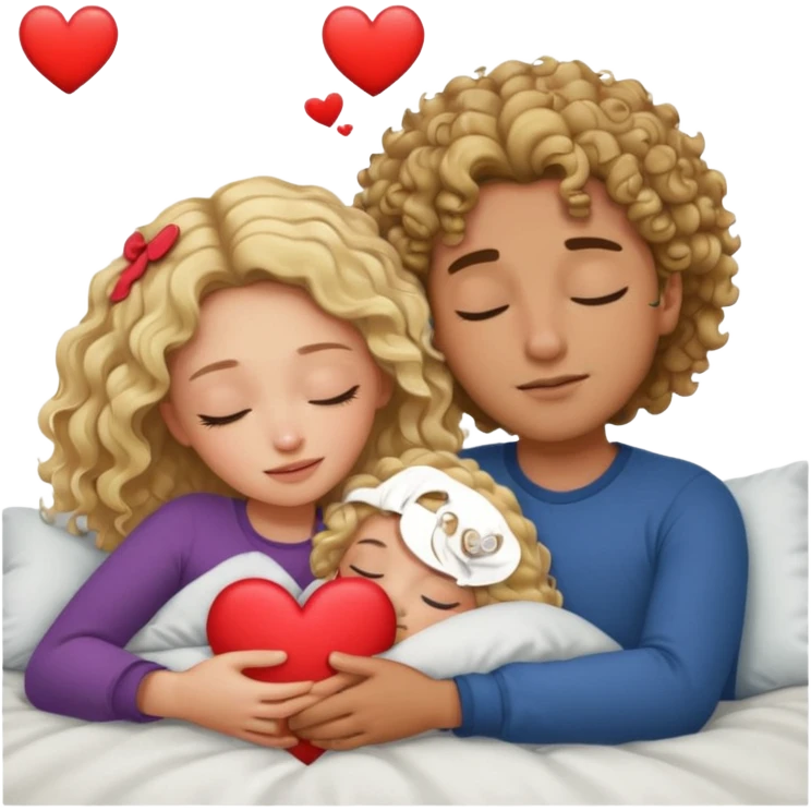 cuddling in bed, asleep. wavy haired blonde girl. man with curly,  dark brown hair. eyes closed. heart between them. no headboard emoji
