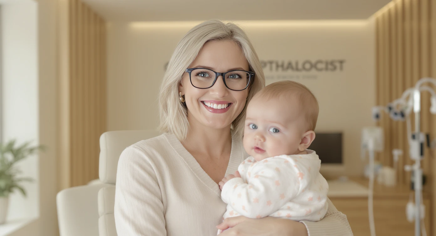 Cinematic still, Proffesional advertising of a smiling european white woman with glasses smiling holding baby, minimalistic ophthalmologist interior in background, leading  lines, "rule of thirds", 60/30/10 colors, soft light, warm colors, Layered composition emoji