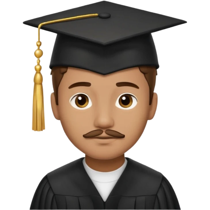 A young man with short brown hair, light brown skin, and a small mustache, wearing a black graduation cap with a gold tassel. emoji