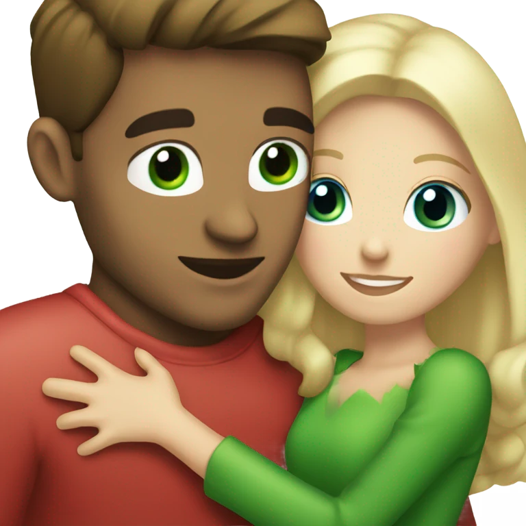 Brunette blue eyed man hugging a blonde green eyed woman at Christmas  emoji