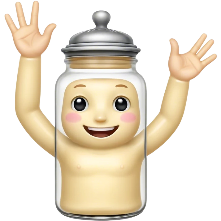 A cute anthropomorphic salt jar with transparent glass body and metal lid, raising both arms to form a "call me" hand gesture with thumb and pinky extended on each hand, other fingers folded emoji