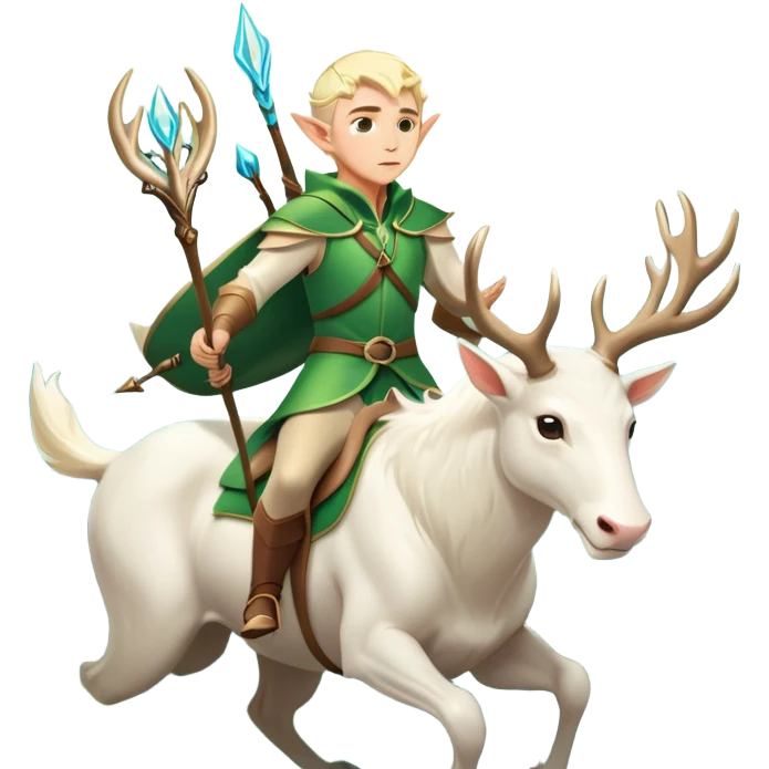 clash-of-clans-aesthetic-blond-male elf-archer-portrait-emoji, rendered in a flat, vector-style with minimal shading and bold, simplified shapes, head tilted slightly forward with a determined, focused expression, riding a majestic white stag whose antlers glow with mystical energy, set against an ancient, enchanted forest backdrop. emoji
