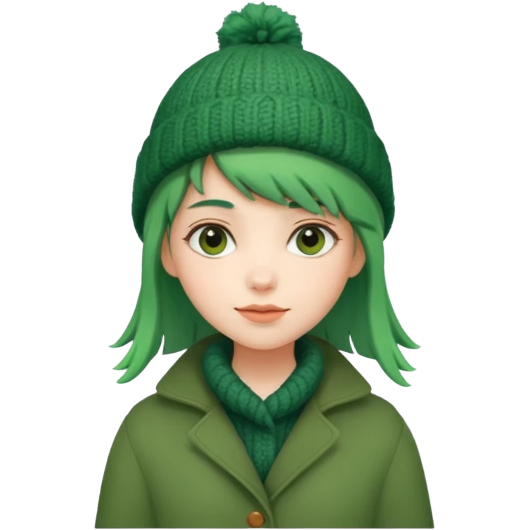 Girl with green hair wearing winter coat and a woolen hat with a relaxed posture and friendly face emoji