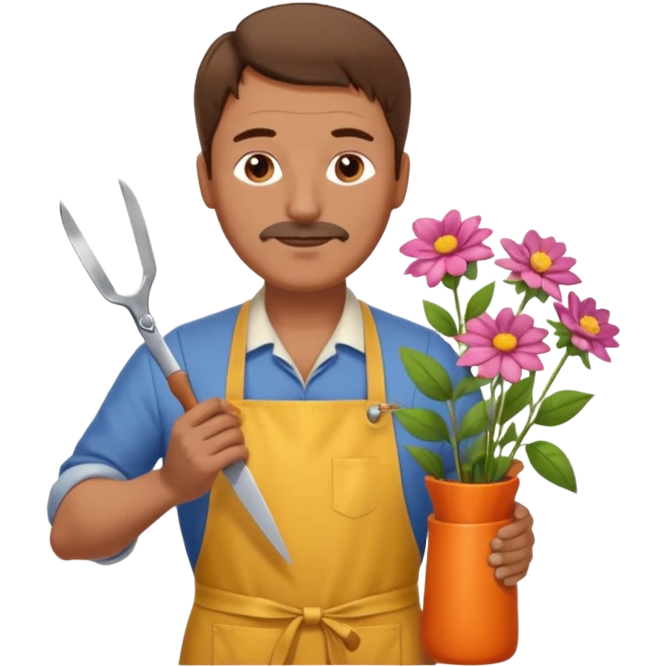 Middle-aged male florist – apron on, trimming stems with scissors emoji