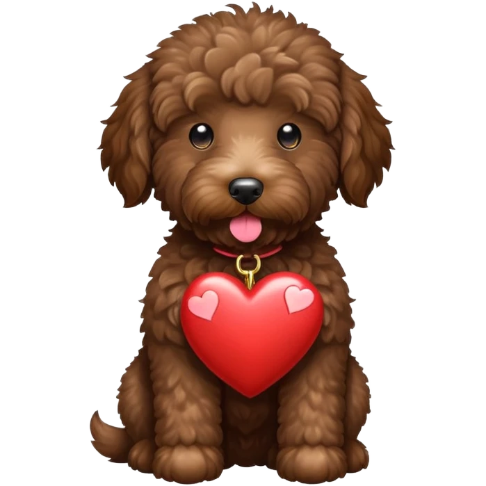 Dark brown goldendoodle holding heart  emoji