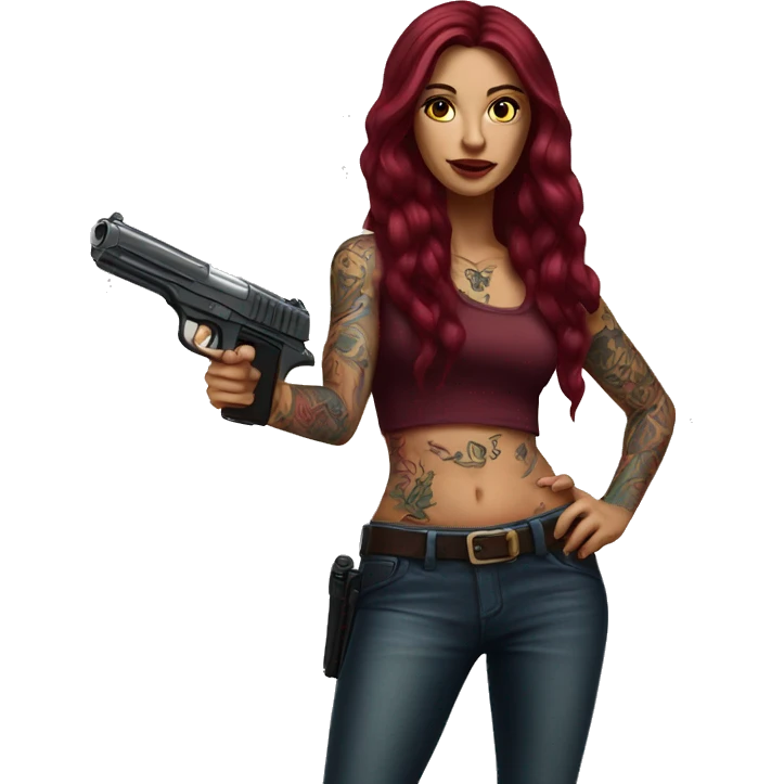 Beautiful tattooed burgundy long haired woman with a gun emoji