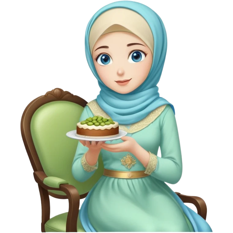 Turkish beautiful finish Konya girl blue eyes with pastel hijab long tail dress and sits on the chair and holds pistachios cake with her hand  emoji