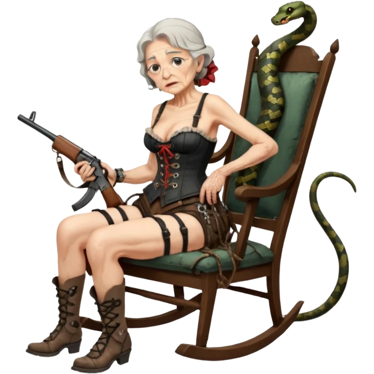 cinematic realistic ultra HD very old and tired Tori Amos casually crouches on a rocking chair in a torn corset, holding a double-barreled rifle and with muddy feet. a big snake wrapped itself around the chair emoji