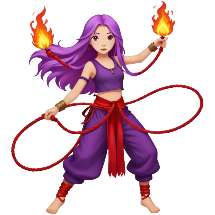 Fire rope poi dance, girl with long purple hair, red clothes emoji