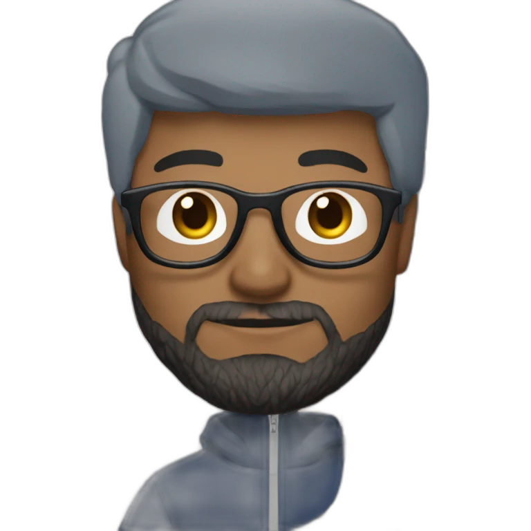 Brown hair white man with a beard and round glasses typing on apple computer wearing a dark blue nike hoodie emoji
