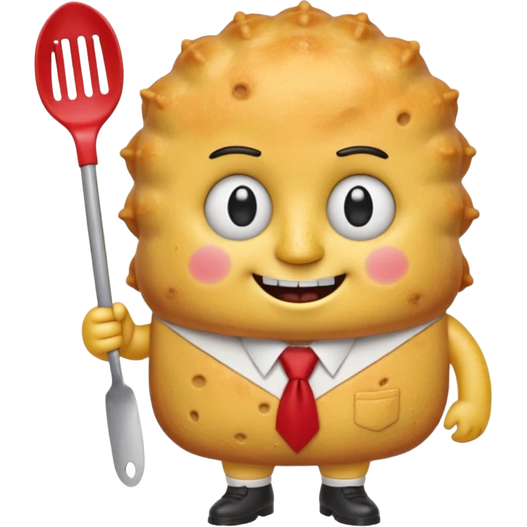 cute empanada emoji, golden brown with crimped edge, big sparkling eyes, two square teeth, blushing cheeks + freckles, red tie, holding spatula, short chubby arms and legs, thick black outline, SpongeBob + Adventure Time style, transparent background emoji