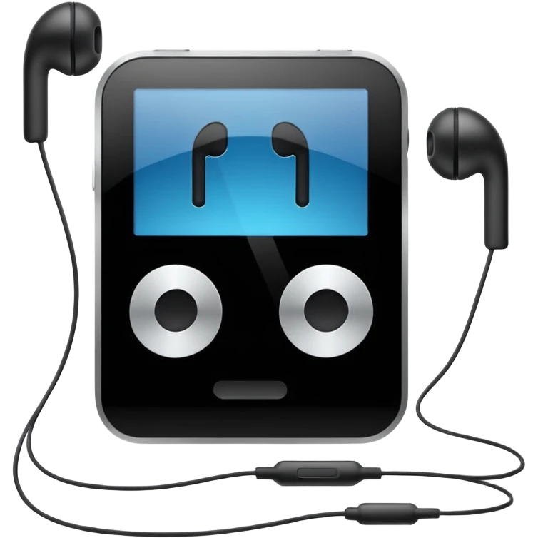 Futuristic iPod emoji with earphones, metallic black and white, smooth reflective surfaces, flat minimal vector design, clean UI style emoji