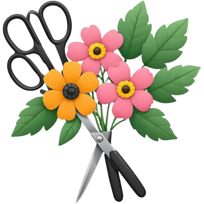 Minimalistic flat vector icon, iOS style, thin black contour on white background. Flower bouquet with leaves and scissors. No text, no shadows. emoji