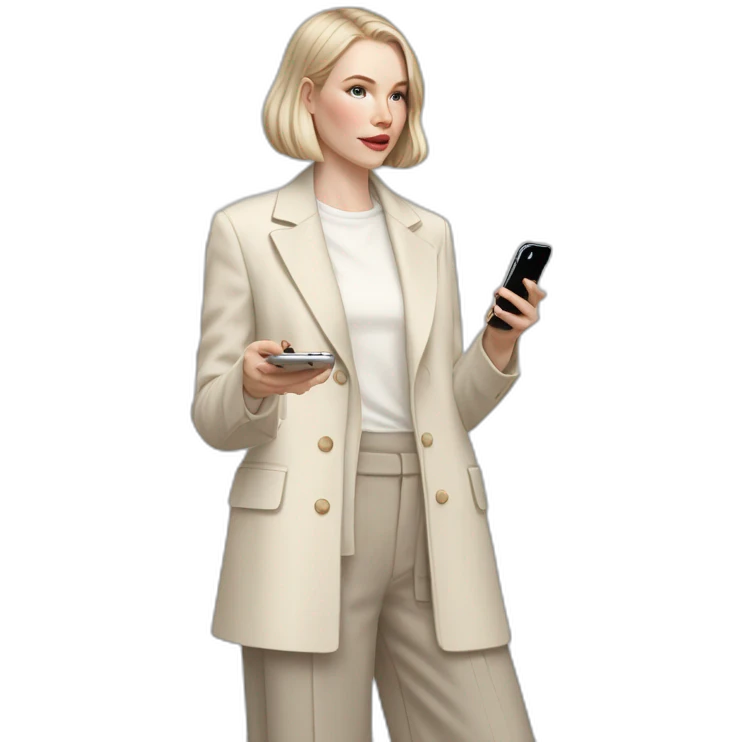 pale skin woman with ash blonde Straightened bob Hair, White Spacious classical jacket, beige palazzo Arrow pants and gray blouse holding white IPhone 15 pro in the hands emoji