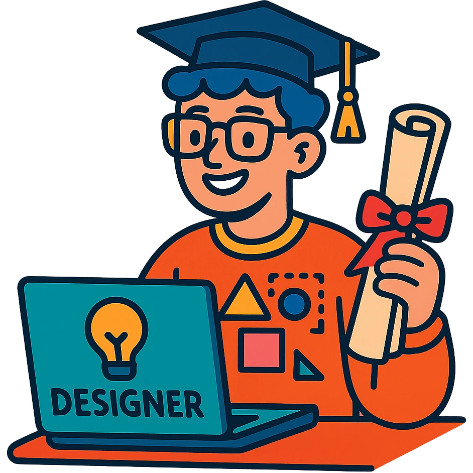 designer education theme, laptop and graduation scroll, vibrant toon style emoji