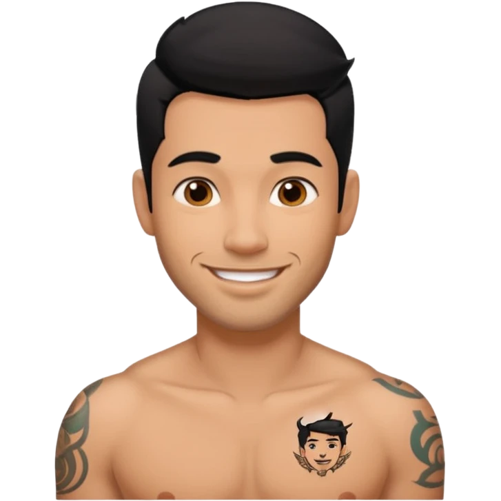 A man in tattoos handsome with flirty smile till legs black hair, bristle  emoji