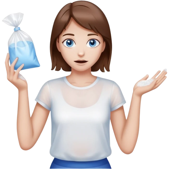 Brown hair blue eye Girl shrugging holding a clear plastic bag with white powder emoji